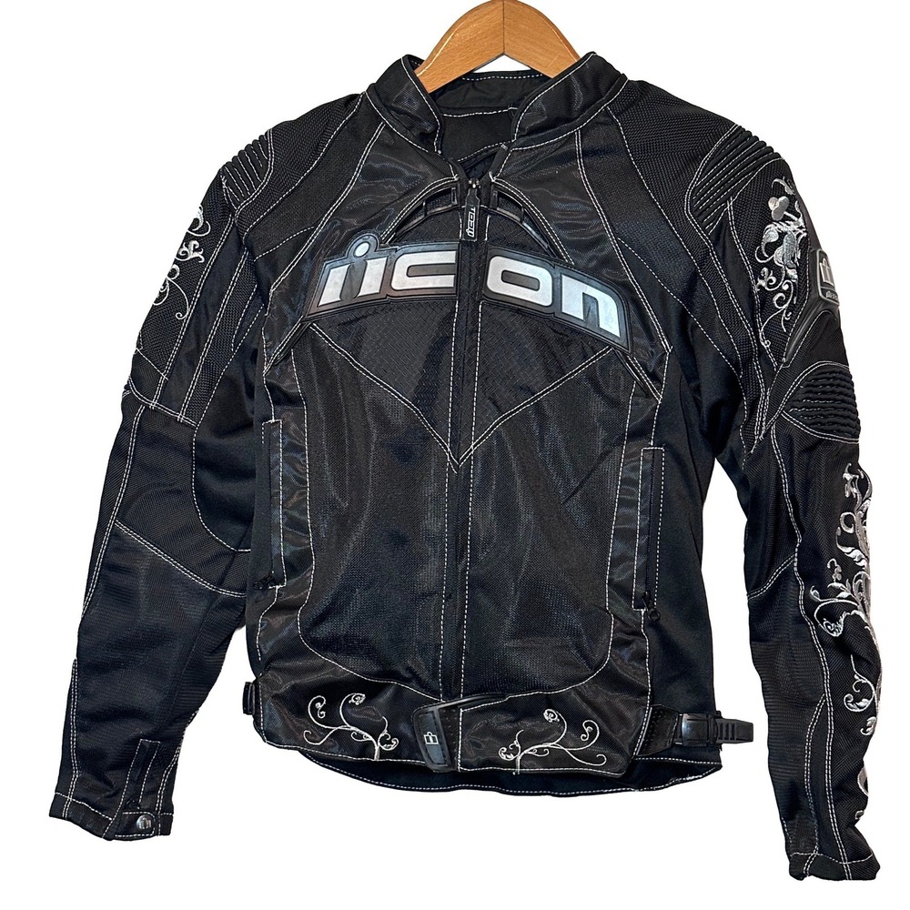 Icon Contra Speed Queen Motorcycle Jacket Womens Small Black Silver Mesh Armor